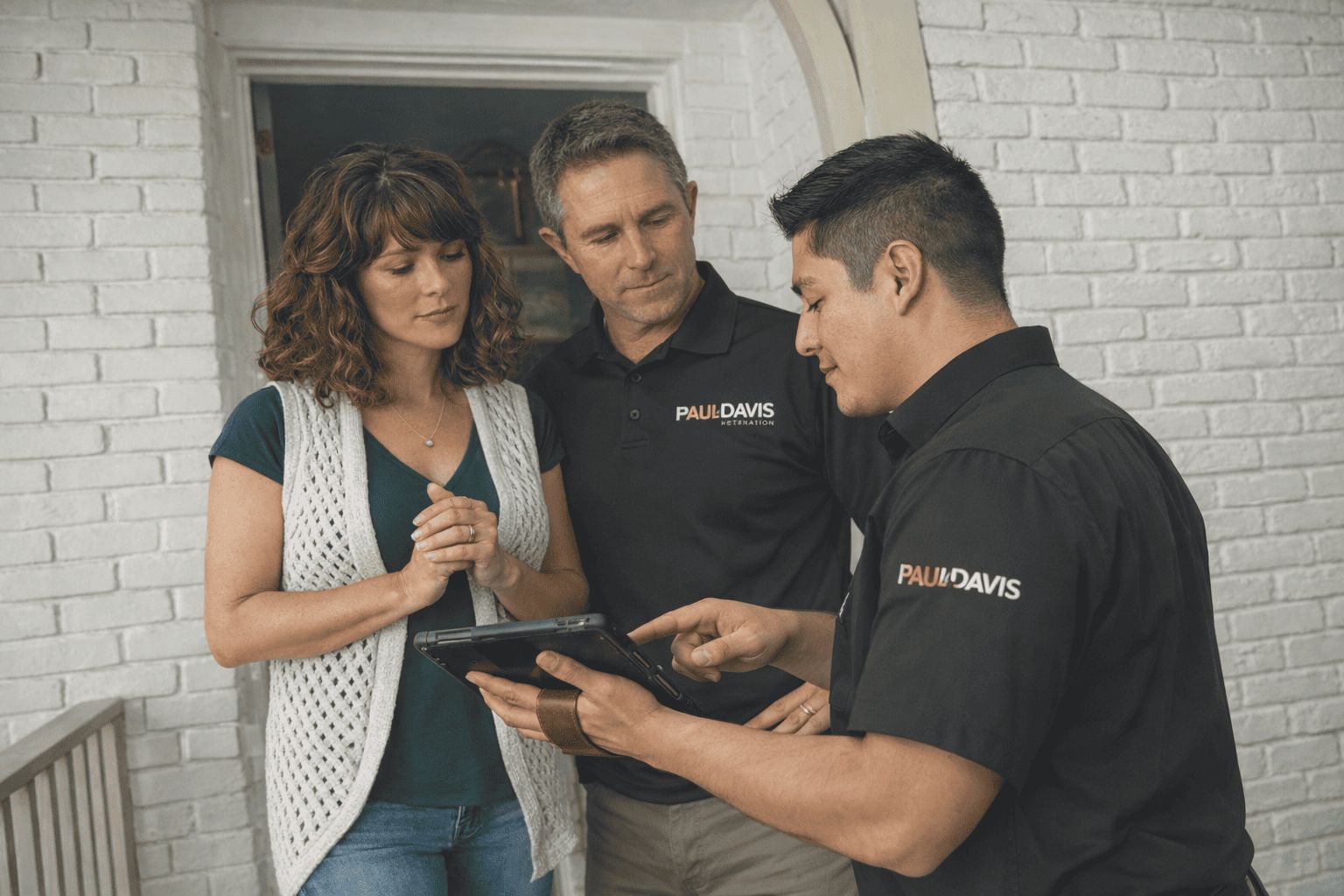Paul Davis Restoration technician reviews inspection details on a tablet with homeowners at their front door in Greater Seattle