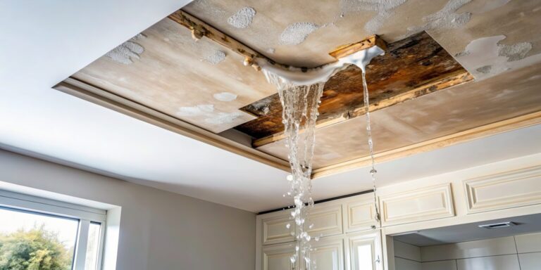 Water leaking through a damaged ceiling with visible staining and exposed wood, causing active interior water damage in a home