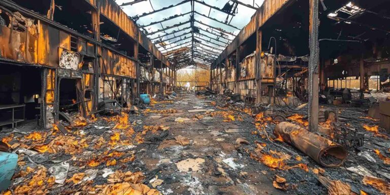 Severely burned commercial building interior with heavy fire damage, debris, and active flames requiring professional fire restoration services