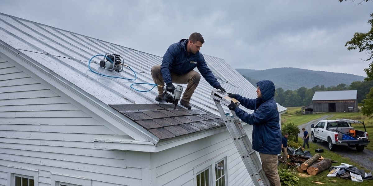 Two Paul Davis Restoration technicians repair a wind-damaged metal roof under an overcast Pacific Northwest sky.