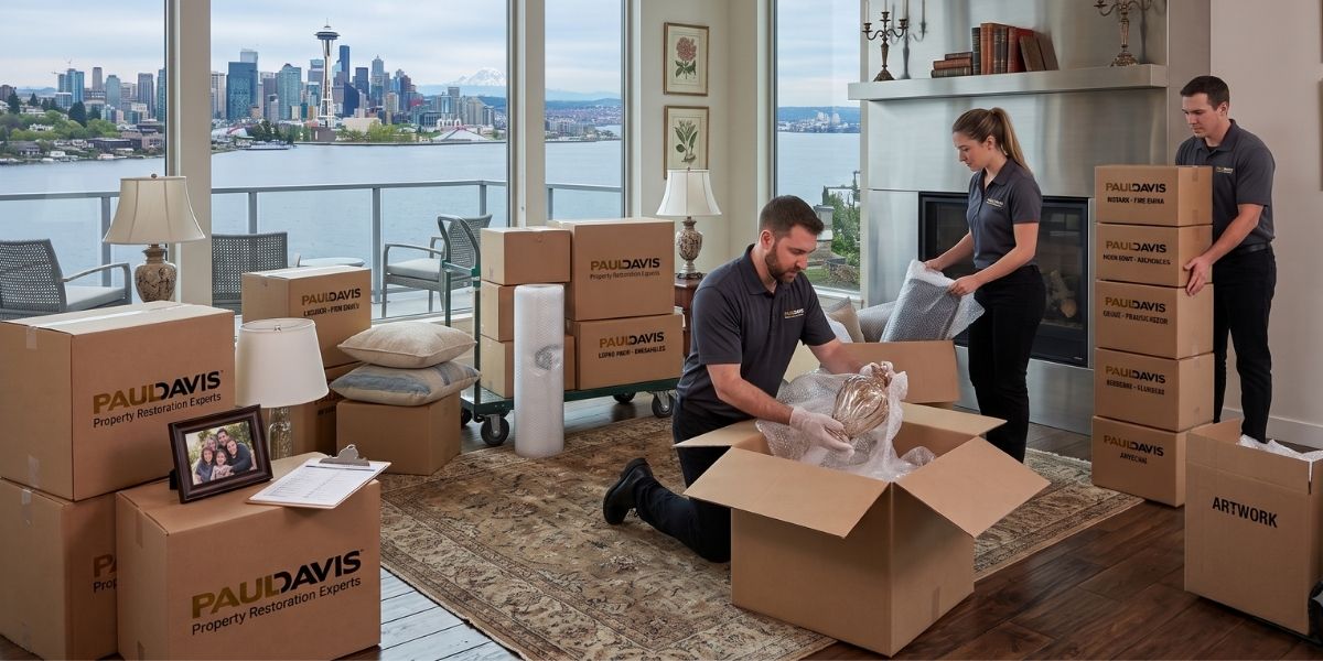 A team of Paul Davis restoration technicians carefully packs household goods into branded boxes inside a high-rise apartment with a view of the Seattle Space Needle