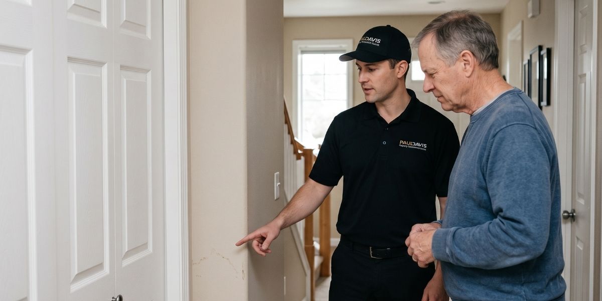 Paul Davis technician showing a homeowner mold damage during a free consultation in Greater Seattle, WA